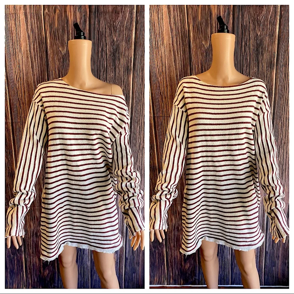 Free People stripped sweater dress distressed red & cream size medium